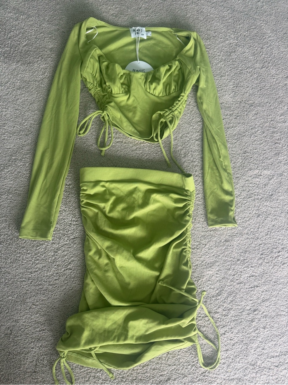New Princess Polly Lime Green Ruched Two-Piece Skirt Set
